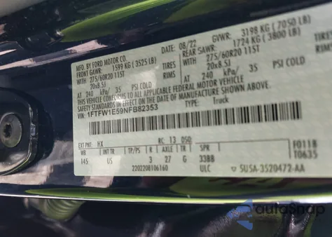 2022 Ford F150 Supercrew из США, поврежденный, VIN 1FTFW1E59NFB82353